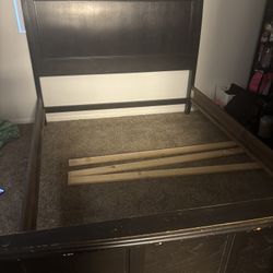 Big Brown Wooden Bed Frame With Big Dresser And Night Stand 