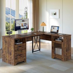 Bestier Farmhouse L Shaped Desk with Drawers, 63" x 47" Office Computer Desk with Charging Station & Fluted Storage Cabinet, Corner Desk with File Dra