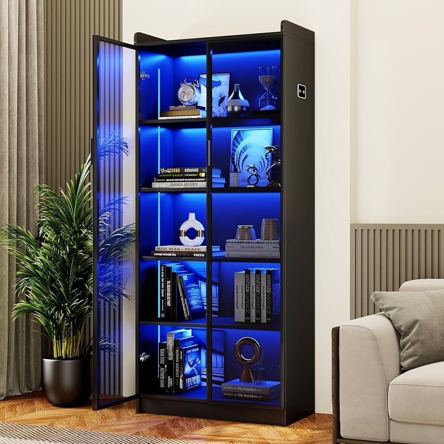 Display Cabinet with Doors and Adjustable Shelves, 65" Tall Bookcase with LED Lights/Human Sensor, 5 Tier Display Case for Collectibles Bed