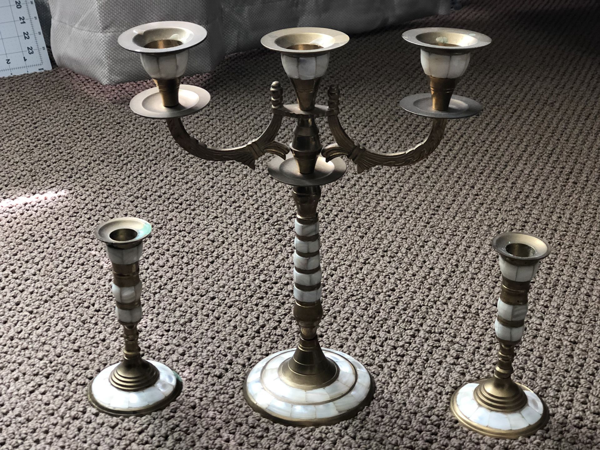 Copper and mother of pearl antique candelabras