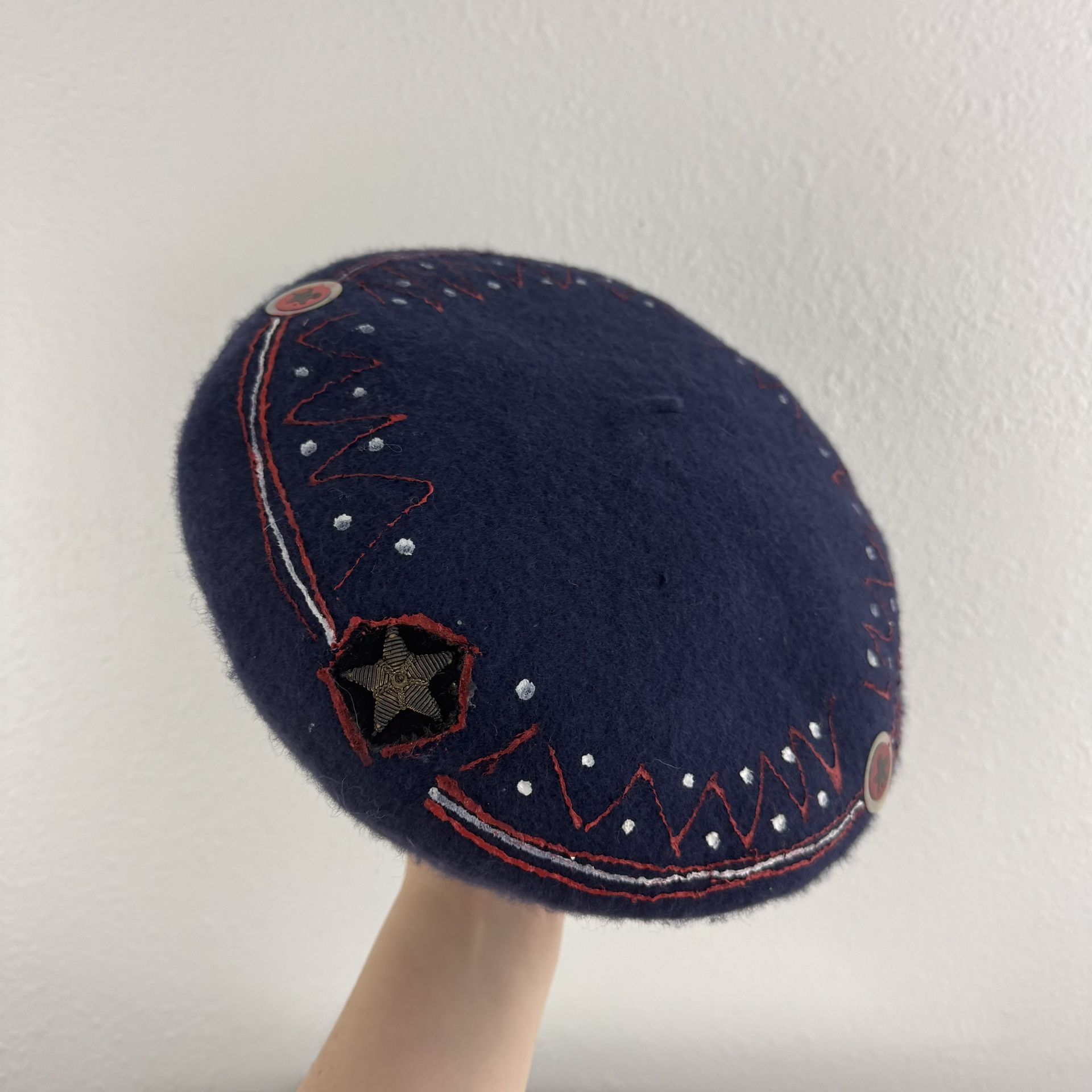 Vintage 90s Handmade Navy Blue Red Wool Star Slouchy French Beret Hat