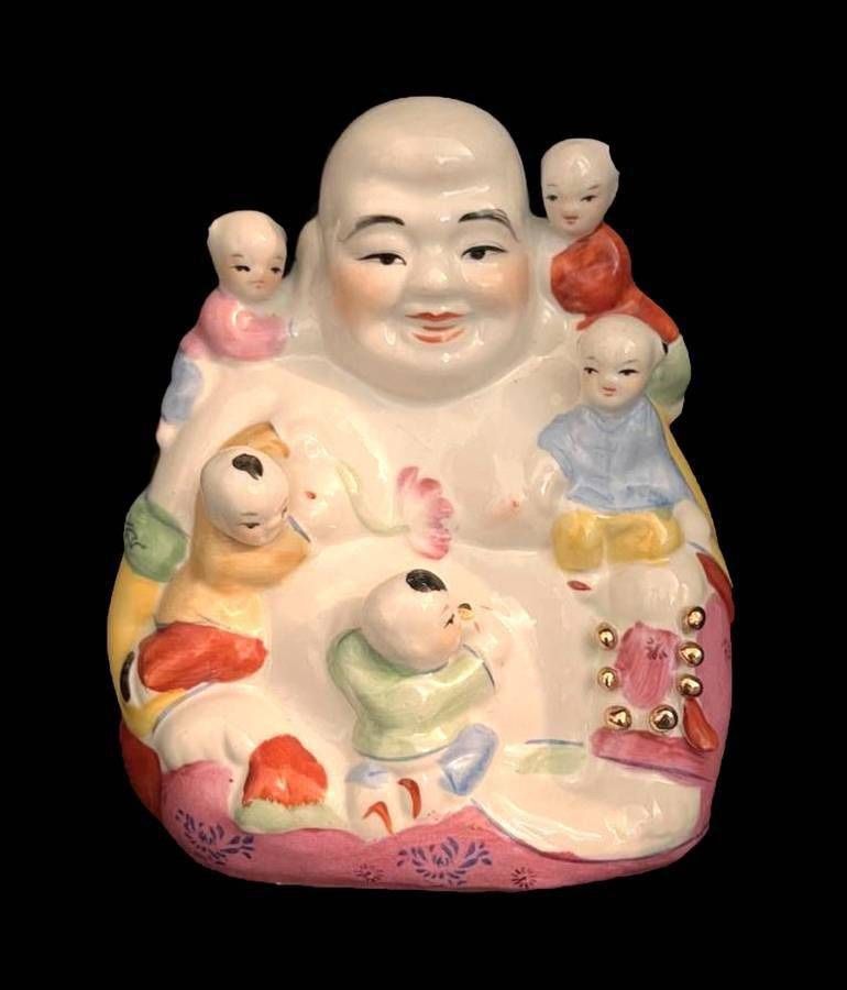 Vintage Asian Buddha Statue Figurine Family Fertility Wealth Happiness Good Luck Children Babies Gold Trim
