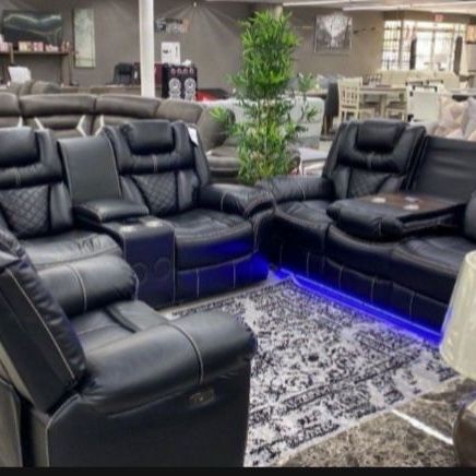 New Encore Power Sofa And Loveseat With Reclining Chair USB Ports And Blue Tooth Speakers 