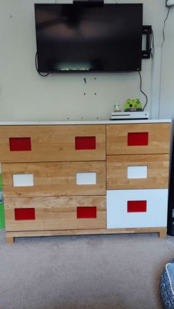 Wood Dresser with Red and White Accents