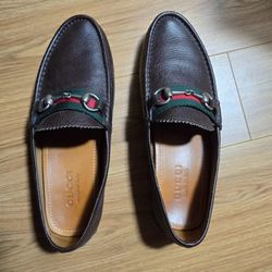 GUCCI DAMO Men’s Leather Stripe/Bit Brown Driving Loafer Shoes, Size 6 AUTHENTIC