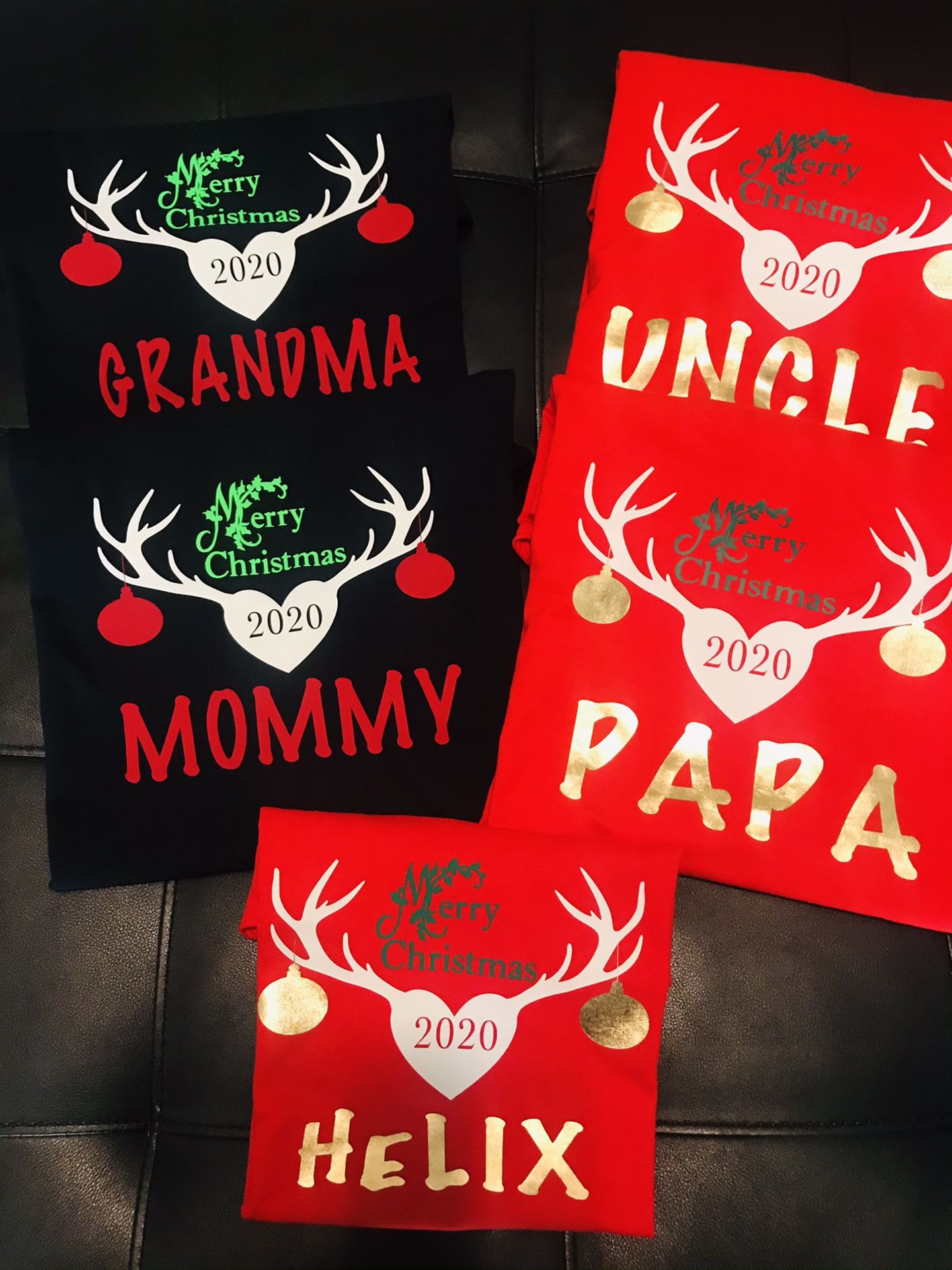 Customized Christmas shirts.