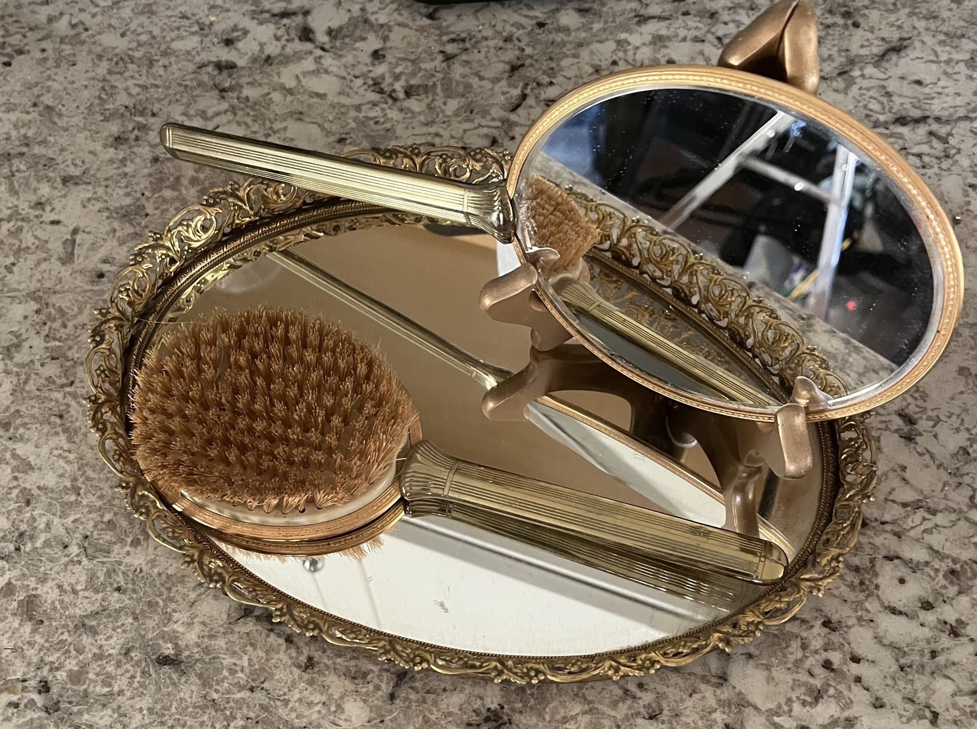 Antique Mirror, Tray, And Brush