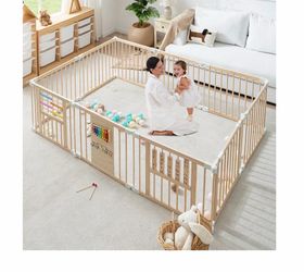 Wooden Playpen with 3 Learning Toys, Foldable 89x59, Babies & Toddlers