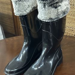 TOMMY HILFIGER Matty Black Tall Rubber Rain Winter Boots Faux Fur Cuffs Size 9