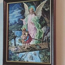 11×9 Framed Guardian Angel Over Bridge Print Big Sister Protects Little Brother