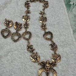 Beautiful Antique Gold Plated Angel Necklace & Earrings In Good Condition Never Worn, 40.