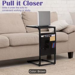 1-Pack C-Shape Side Tables - 23.6 Inch Height Adjustable Sofa End Tables, Slide Under Couch TV Trays with Metal Frame for Small Spaces in White
