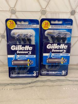 Gillette Mach3 disposable razors. Each pack has 3 blue razors. New/unopened. Gift-giving condition.