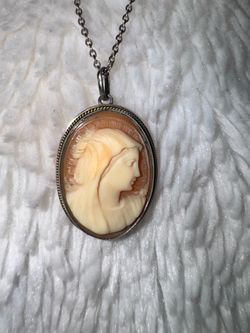 Vintage Set Screw Back Earrings & Necklace Beautifully Carved Shell, Marked 835