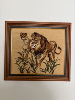 Vintage Lion & Lioness Needlepoint - CUSTOM GALLERY FRAMED - $50 OBO