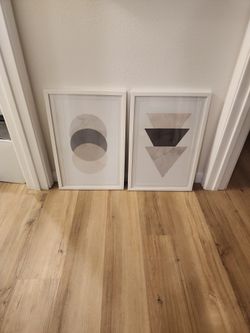 Framed Geometric Prints.  Grey, Light Grey And Pink Colors, Circles And Triangles