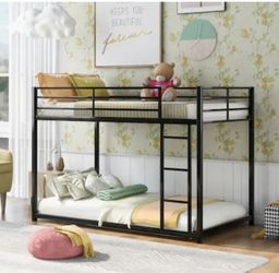 LOVMOR Twin over Twin Metal Bunk Bed Low Bunk Bed with Ladder Black