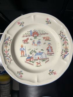 Vintage Ceramic Plate Cross-Stitch Farm Scene