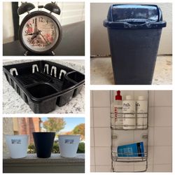 Move Out Sale - Clock + Buckets + Trash Can + Shower Caddy + DishRack