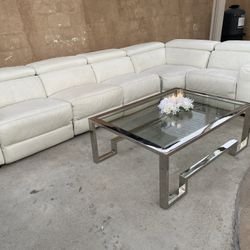 KUKA L Shape Sectional WHITE LEATHER  with Adjustable Headrest & 2 Corner Electric Recliner 