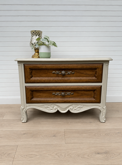 Drexel Cabernet French Provincial End Table, Refinished in Cream with Original Wood Drawer Fronts