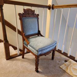 Antique Victorian Walnut Chair With Blue Velvet