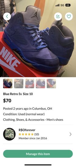 Blue Retro 5s Size 10