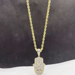 14k Gold rope diamond cut Hamza hand with evil eye Diamond pendant, necklance gold