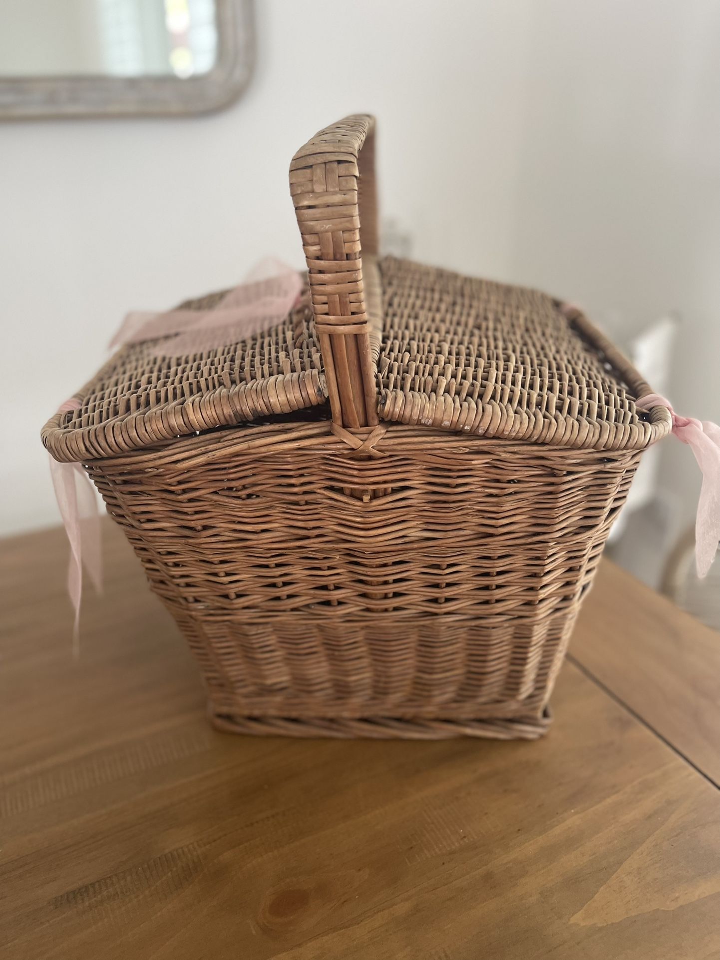 Vintage large Woven Wooden whicker Picnic Basket