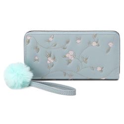 Blue Clutch Wallet, Small Mini Handbag with Wrist Strap and Fluffy Pom-Pom, Pale Light Blue with Pink Flower Embroidery & Zip Closure *NEW In Plastic*