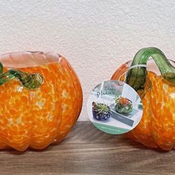Pumpkin Fall Blown Glass Set Of Two New 