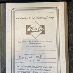Signed Nolan Ryan Ball Certificate Of Authenticity