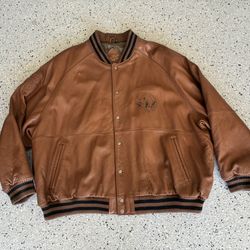 “MARC ECKO UNLTD” Brown Leather Bomber Jacket. 2XL to 3XL. Embroidered.