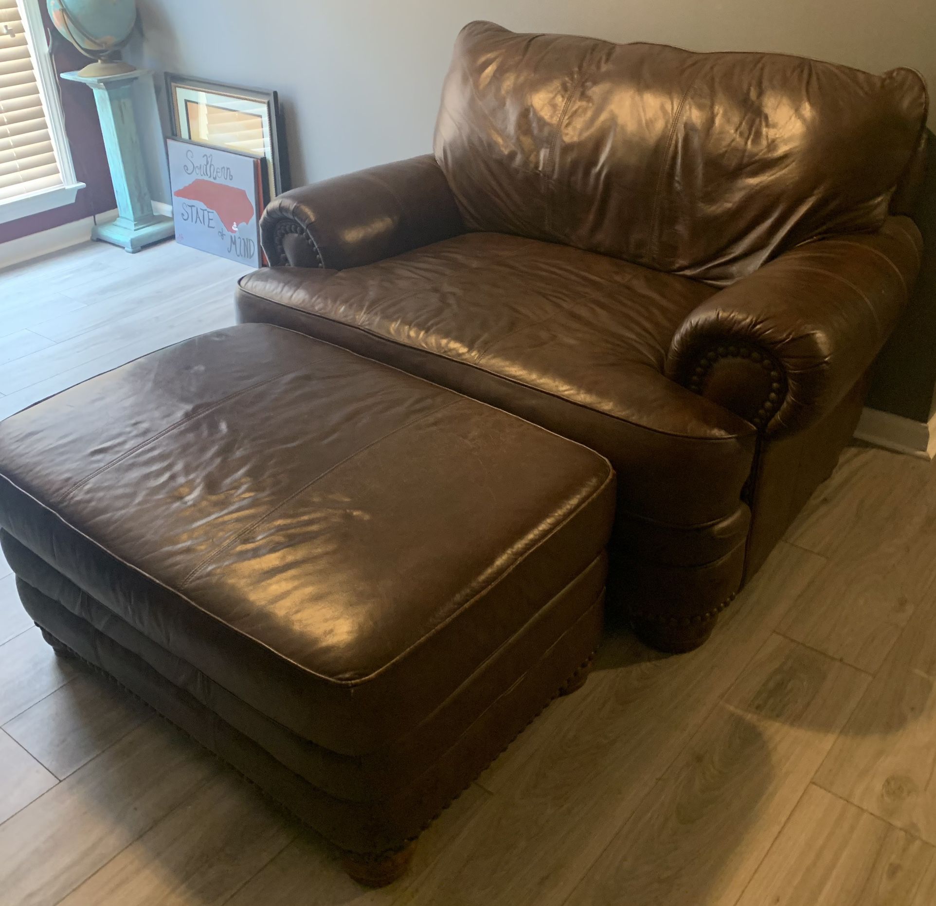 Brown Leather Oversized Chair With Ottoman