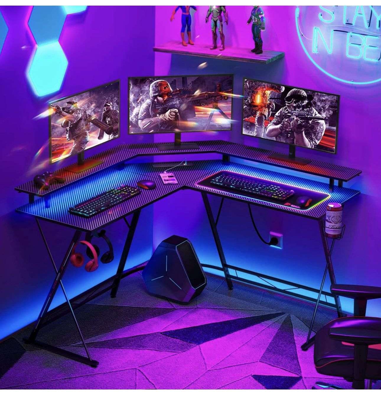  L Shaped Gaming Desk with LED Lights & Power Outlets, 50.4” Computer Desk with Monitor Stand & Carbon Fiber Surface, Corner Desk with