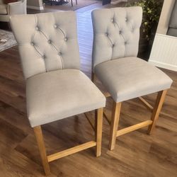Set of Cushioned Bar Stools in Grey with Wooden Legs 