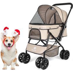 Medium Dog Stroller 50lb - Pets Stroller for Medium Dogs with Reversible Handlebar, 360 Front Wheel 2 Security Leashes Khaki