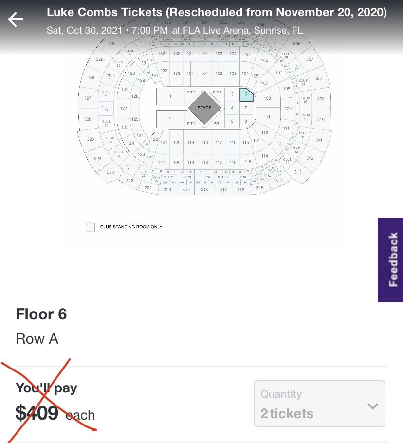 Luke Combs Concert Tickets Sunrise,FL Floor Seats 