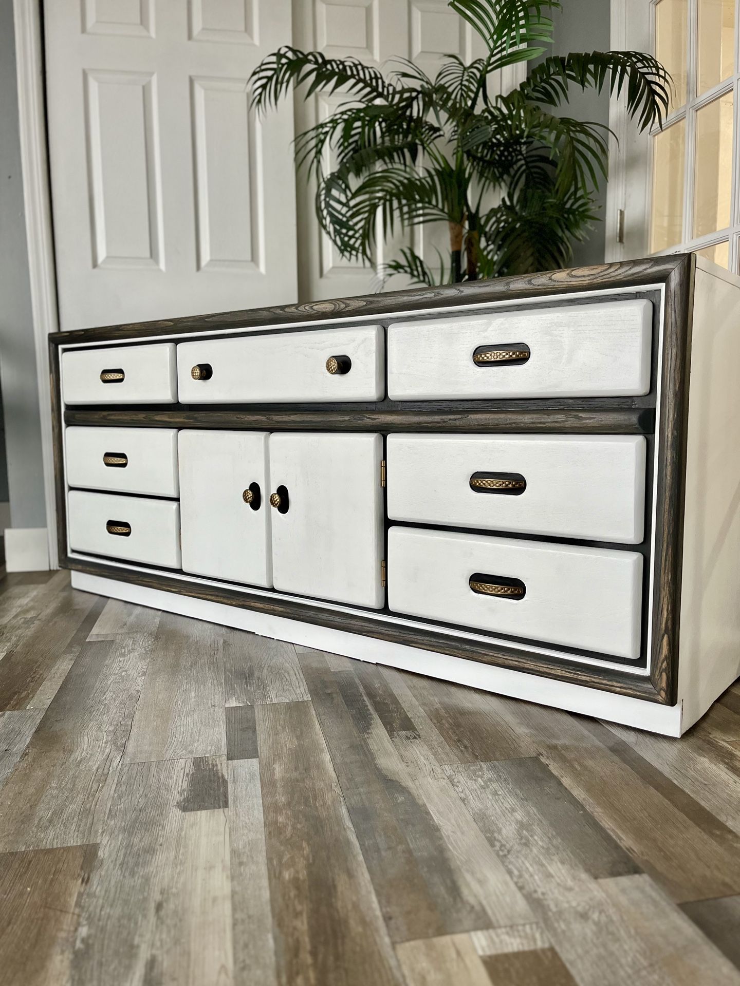 Triple Dresser In White And Wood Trimmed Corners