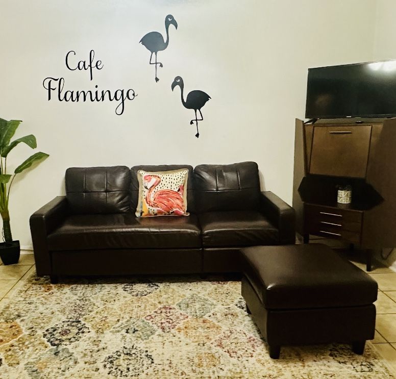 Modern Dark Brown Sofa with Ottoman – Excellent Condition