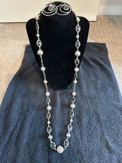 Liz Claiborne Long Silver and Light Blue Necklace and Earrings Set (36-38 In)