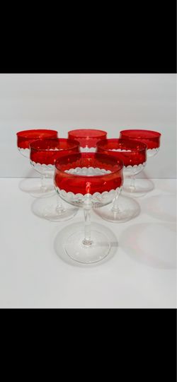 Vtg MCM Czech Thin Crystal  Cranberry & Cut Dots Set of 6 Coupe or Wine Glasses . Very rare Midcentury Czech Crystal Glasses are in excellent conditio