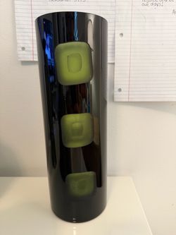 Very dark amber Glass Cylinder Vase with Green Squares