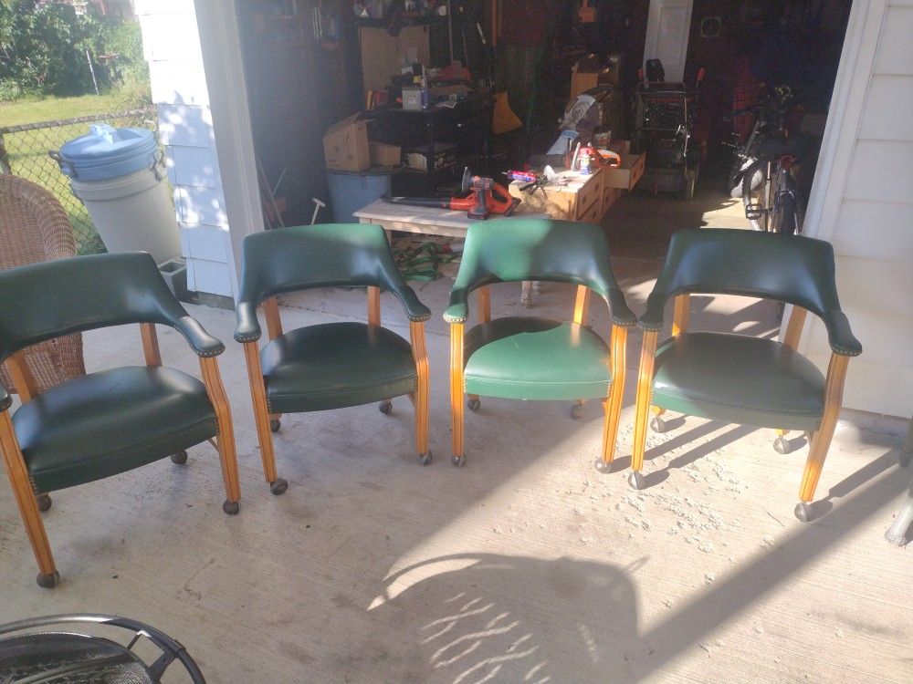 Green Vintage  Chair Leather Studded Office Library Desk Bankers Chair  /wheels