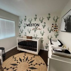 Pottery Barn White Wood & Acrylic Sloan Baby Crib (+ toddler conversion kit)