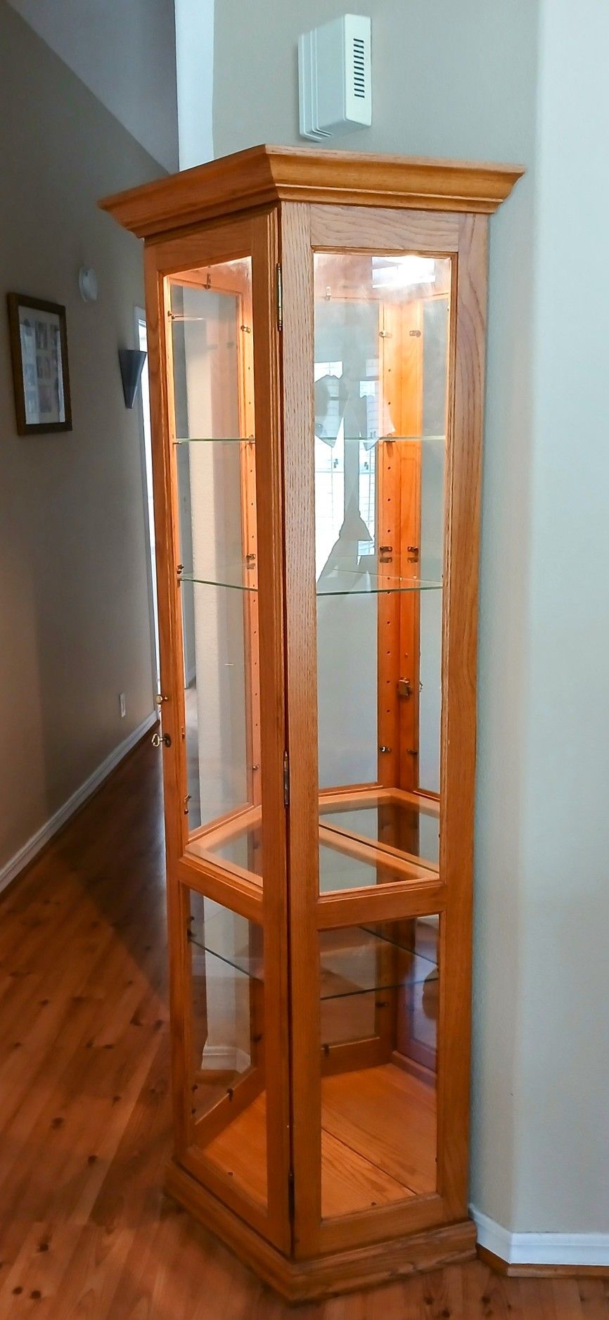 SOLID OAK & GLASS DISPLAY CURIO LIGHTED CABINET w/ 5 SHELVES & LOCKING DOOR {Like NEW Condition}