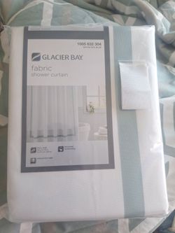 Glacier Bay Fabric Shower Curtain White/Spa Blue Brand New