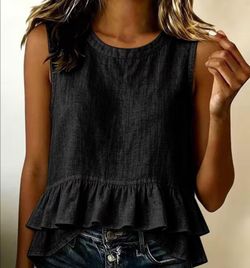 Sleeveless Black Ruffle Hem Linen Tank Top