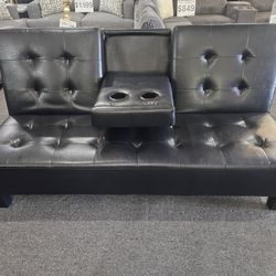 Brand New 78" x 44" Black Faux Leather Sofa Futon With Cup Holders