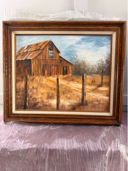 1985 Vintage Rustic Barn Oil Painting – Framed Country Landscape Wall Art signed